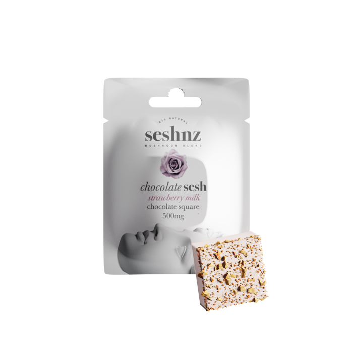 Seshnz chocolate bites | 500 mg | mushroom blend | strawberry milk | singles | pk 1 | $5.50 ea