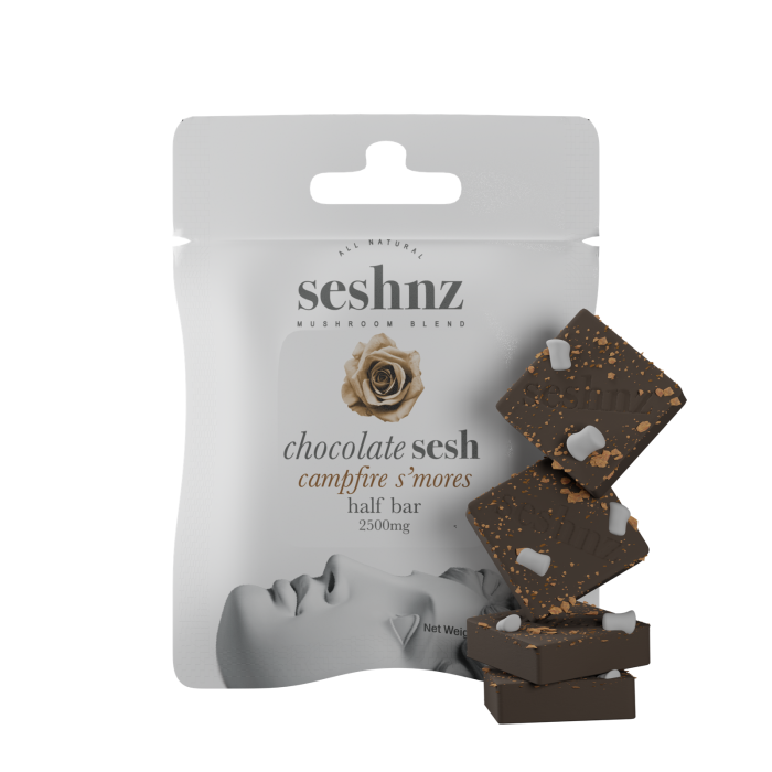 seshnz chocolate half bar | 2500 mg | campfire s'mores | pk 1 | $10 ea.